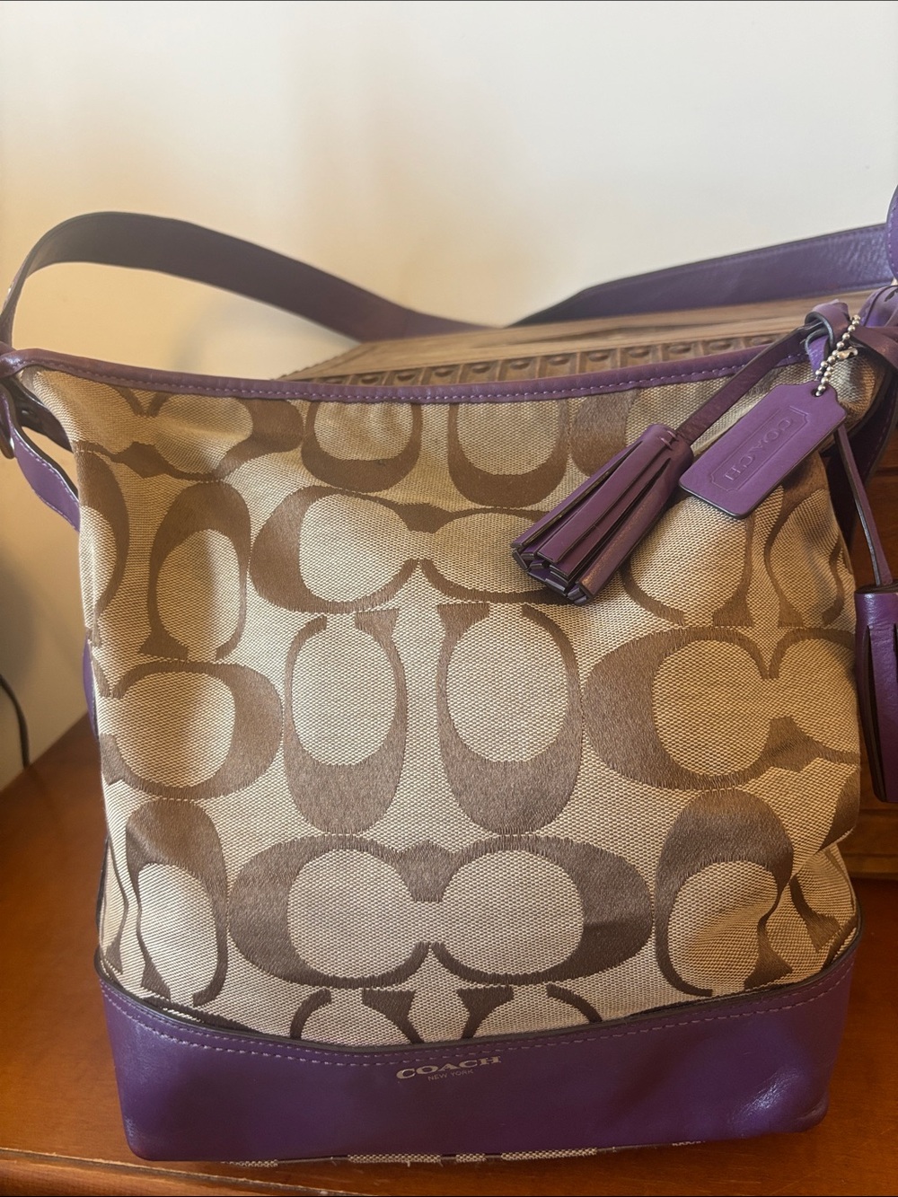 Coach Legacy Hobo 21149Signature Canvas Shoulder Bag with Purple Trim